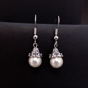 NEW Faux Pearl Silver Tone Hook Earrings